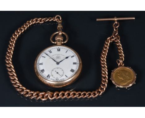 Thomas Russell -  9ct gold open face pocket watch, white enamel dial, bold Roman numerals, minute track, subsidiary seconds, 