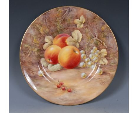 A Royal Worcester shaped circular plate, painted by Peter Love, signed, with apples and gooseberries on a mossy ground, gilt 