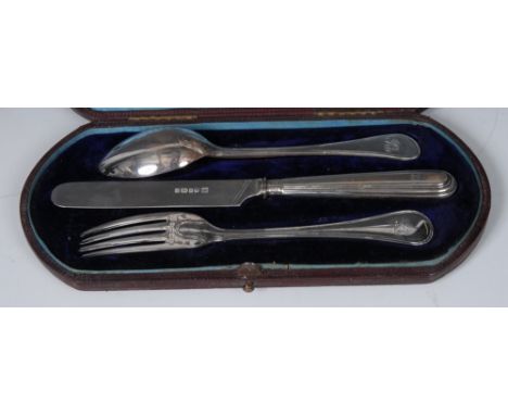 A Victorian silver three piece Old English Thread pattern christening set, comprising knife, fork and spoon, Martin, Hall & C