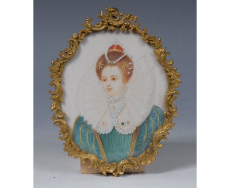 English School, 19th century portrait miniature, young Queen Elizabeth I,  on ivory, oval, 8.5cm high, gilt metal foliate scr