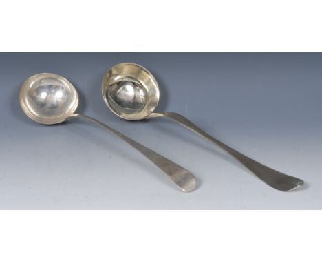 An 18th century Continental silver Old English pattern soup ladle, 36cm long; another (2)