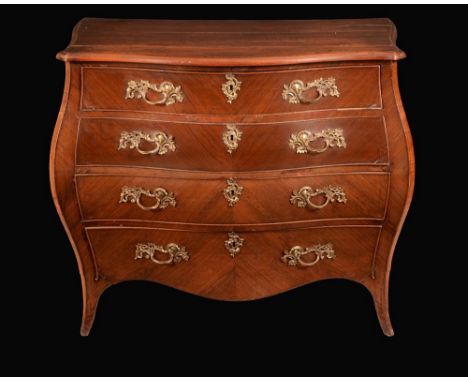 A 19th century French kingwood bombe shaped commode, oversailing top above three long graduated cockbeaded drawers, brass Roc