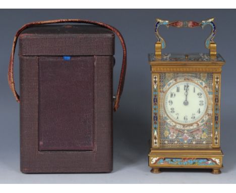 A French champleve enamelled brass carriage clock, by Japy Freres, with key, cased