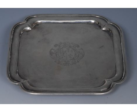 A George I silver incurved square card waiter, crested field, bracket feet, 14.5cm wide, maker EC, London 1725, 6oz