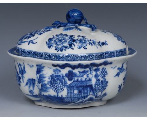 A Derby quatrefoil tureen and cover,  painted  in underglaze blue with flowers and landscapes, cell borders, bud and leaf fin