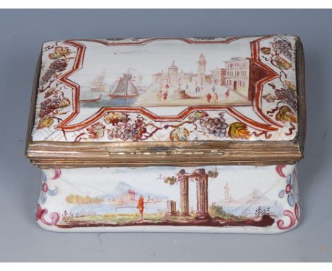 An 18th century Birmingham enamel rectangular box, the cover enamelled with busy Italian port, within fruiting vine border,  