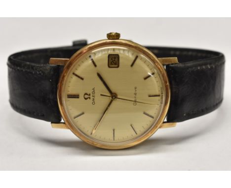 Omega - a 9ct gold Geneve wristwatch, textured lined dial, block batons, minute track, centre seconds, date aperture, manual 