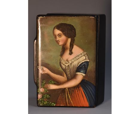 A 19th century papier-mâché rounded rectangular snuff box, the hinged cover decorated with a bust-length portrait of a beauty