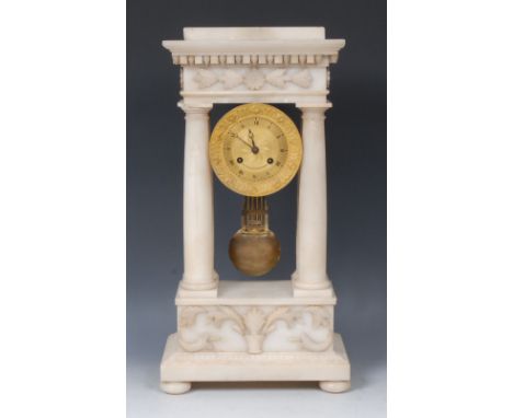 A 19th century alabaster portico clock, 11cm circular gilt metal dial inscribed with Roman numerals, twin-winding holes, four