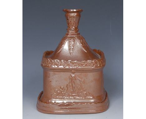 A 19th century Oldfield tobacco jar, inner cover, cover and stand,  of rounded rectangular form, in relief with classical spr