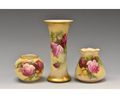 A Royal Worcester flared cylindrical vase, painted by M Hunt, signed, with red and pink cabbage roses, gilt borders, 16cm hig