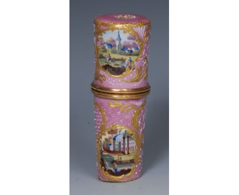 An 18th century Bilston enamel  and   gilt metal mounted tapering cylindrical etui, with four gilt reserves each with landsca