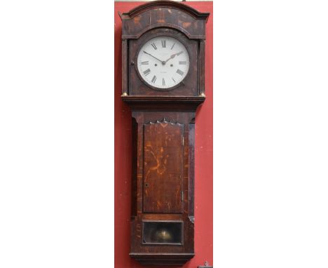 A George III oak tavern or hooded wall clock, 26.5cm circular painted dial inscribed Johnson, St Peter's St, Derby, Roman num