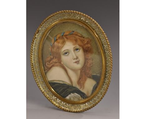 English School (19th century), portrait miniature, of a Pre-Raphaelite beauty, bust-length, her long copper hair draping her 