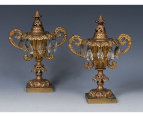 A pair of Regency ormolu urnular mantel lustre pastille burners, each cast throughout with acanthus, conforming scroll handle