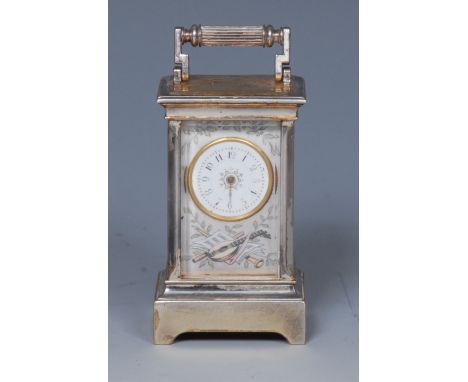 A late 19th century French silver and enamel miniature carriage clock, the sides with young girl with fan and pirouettes, bra