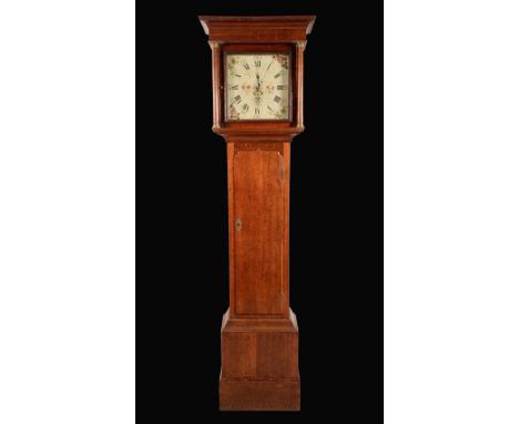 A George III oak longcase clock, 30cm square painted dial with Roman and subsidiary Arabic numerals, flowers to spandrels, su