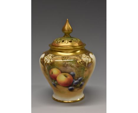 A Royal Worcester lobed ovoid pot pourri and cover, painted by J Smith, signed, with apples and blueberries ,the verso with r