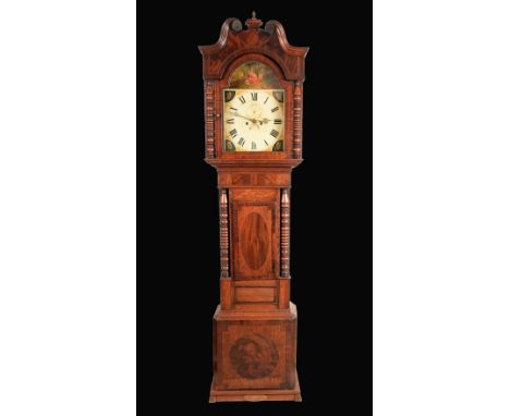 A George/William IV oak and mahogany longcase clock, 36cm arched painted dial, inscribed with Roman numerals, the arch painte