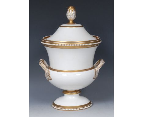 A Spode Felspar two-handled campana shaped ice pail and cover, gilt banded and beaded borders, domed cover, bud finial, 36cm 