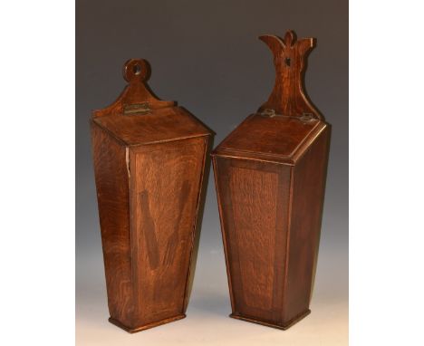 A George III crossbanded oak knife or candle box, shaped and pierced cresting, hinged sloping top, inlaid to recto with a kni