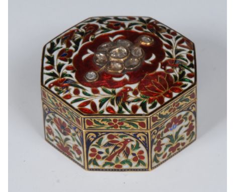 A fine quality enamelled octagonal diamond set snuff box, possibly Turkish, central floral cluster of seven old rose cut diam