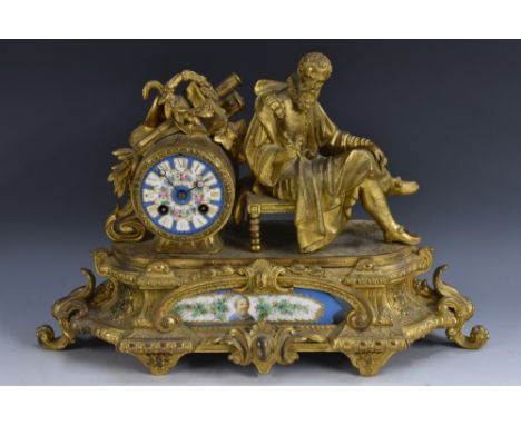 A 19th century French porcelain mounted gilt metal mantel clock, by Phillipe Mourey, 8cm circular dial painted in the manner 