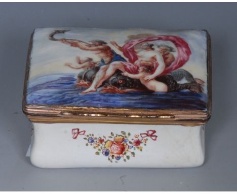 An 18th century Birmingham enamel rectangular box, the cover enamelled with Neptune and attendants, the sides with flower spr