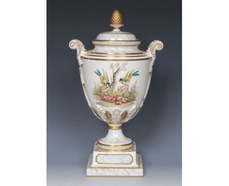 A Royal Worcester two handled pedestal ovoid vase and cover, painted by Terrance Nutt, signed with blue tits, upturned basket