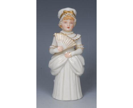 A Royal Worcester candle snuffer, Town Girl, lady in a bonnet with fan, picked out in gilt, 13.5cm high, printed crown and ci