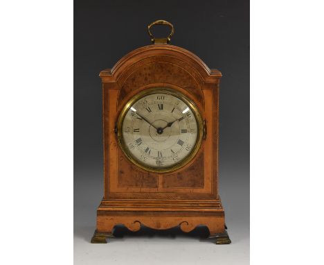 A Queen Anne style walnut and burr yew mantel timepiece, retailed or by Camerer, Kuss & Co., London, 10cm silvered dial inscr