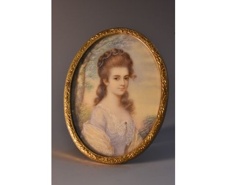 Continental School (early 20th century), a portrait miniature, of a lady of title, half-length, her lavender dress trimmed wi