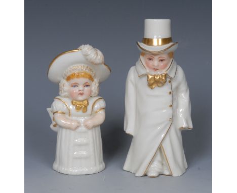 A Royal Worcester candle snuffer, Budge, from the Helen's Babies series, in white, picked out in gilt, 11cm high, unmarked;  