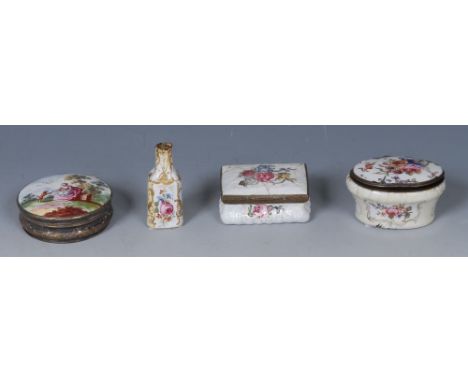 An 18th century Birmingham enamel rectangular box, the cover enamelled with  flowers and foliage, 5.5cm wide, c.1790;  anothe