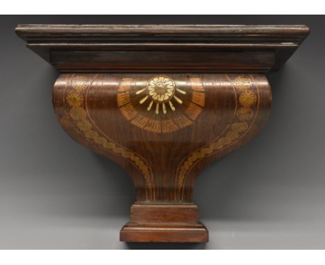 A Sheraton Revival rosewood, bone and specimen wood marquetry bracket, oversailing plinth plateau above a plinth-shaped friez