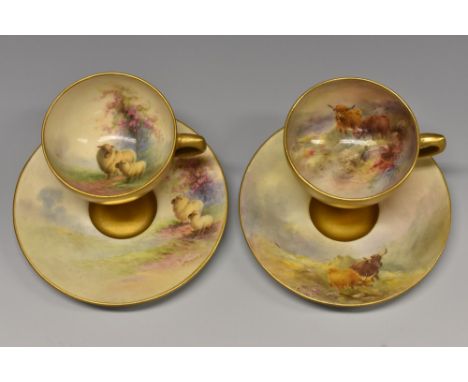 A Royal Worcester cabinet cup and saucer, painted by Harry Stinton, with Highland cattle in landscape, gilt exterior, printed