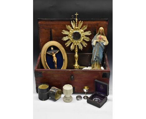 Ecclesiastical - a travelling communion and Holy service outfit, with Victorian gilt brass alter piece, 55cm high, a  silver 