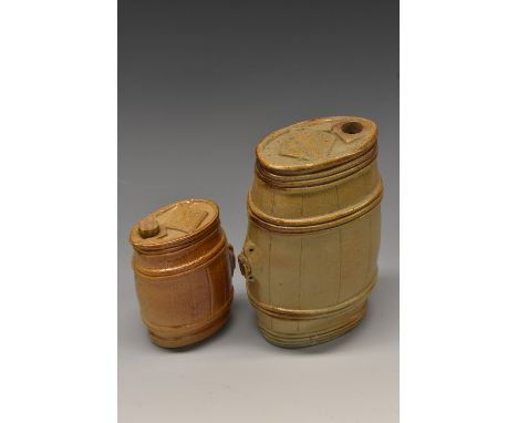 A 19th century S Green, Princess St, Lambeth brown salt glazed stoneware spirit flask, in the form of a coppered barrel, 10.5