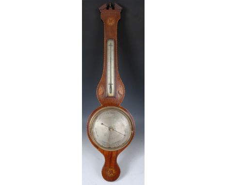 A George III style  inlaid mahogany banjo barometer, the silvered dial inscribed Salteri, Nottingham, alcohol thermometer, th