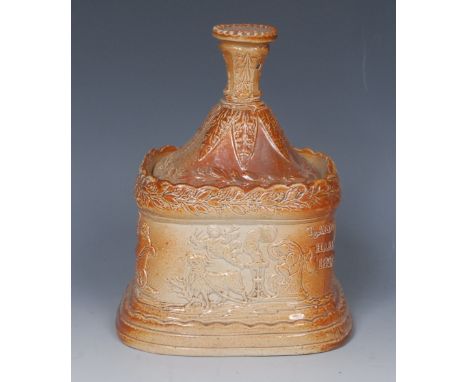 A 19th century Brampton salt glazed stoneware tobacco jar, inner cover, and cover,  of rounded rectangular form, in relief wi