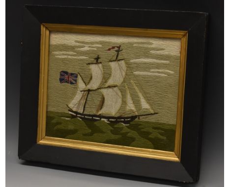Folk Art - a wool work maritime picture, embroidered in coloured threads with a British clipper flying the Union Flag and sai