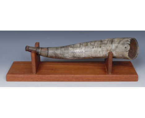 An American 18th century carved powder cow horn,  inscribed Pte. Roberts in Cpt. Peytons Company  in the 9th Regiment St Augu