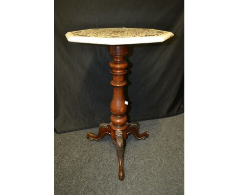 A 19th century walnut and pietra dura tripod occasional table, the octagonal top inlaid in coloured stones and abalone shell 