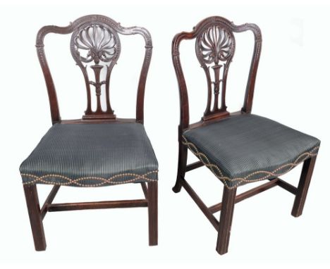 A pair of Chippendale period mahogany side chairs, shaped cresting rails, pierced splats carved with anthemions, scrolling ac