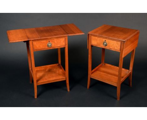 A pair of George III revival mahogany drop leaf side tables, rectangular moulded tops, cockbeaded frieze drawers above galler