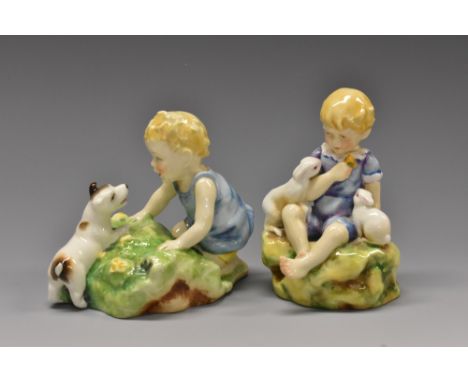 A Royal Worcester figure, The Dandelion, modelled by F.G. Doughty, as a young girl seated with two white rabbits, 10cm high, 