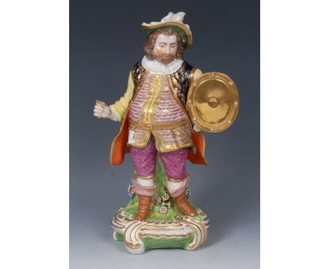 A Derby Patch Mark figure, Quinn as Sir John Falstaff, he stands as a corpulent, bearded knight with long hair, holding an ov