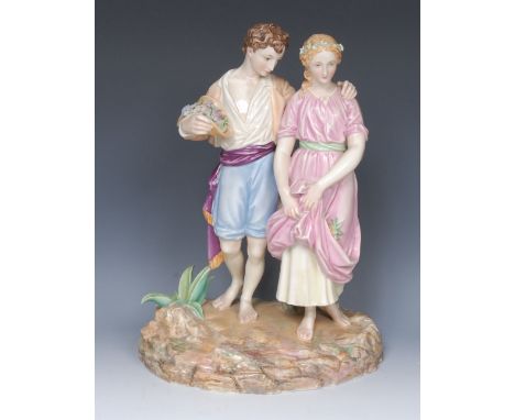 A Royal Worcester figure group,  of Paul and Virginia, he stands bare footed, holding flowers in his hat,  his arm around her
