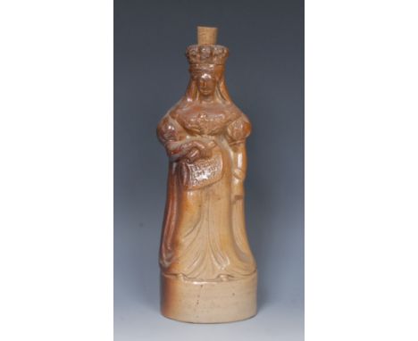 A 19th century Doulton Lambeth salt glazed stoneware figural flask, Queen Caroline, she stands wearing a crown and long dress