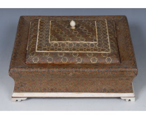 An Anglo-Indian sadeli marquetry square box and cover, decorated throughout with geometric lozenges, the interior conforming,